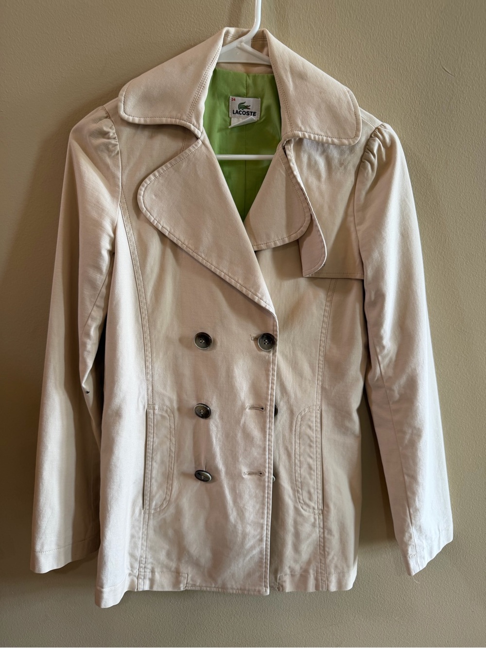 Lacoste Cream Double-Breasted Trench Coat with Green Lining